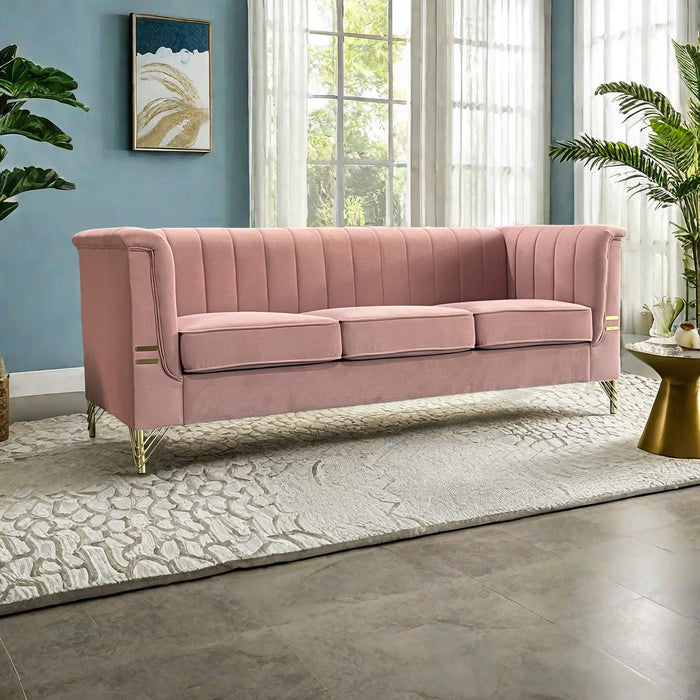 FX-P82-PK(SOFA) Modern Designs Velvet Upholstered Living Room Sofa, 3 Seat Sofa Couch With Golden Metal Legs For Home, Apartment Or Office - Pink