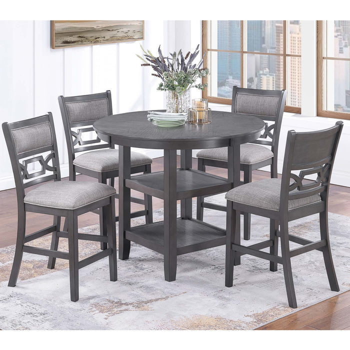 5 Piece Counter Height Dining Set With Storage Shelves Round Table And Upholstered High Chairs - Gray Home Essentials