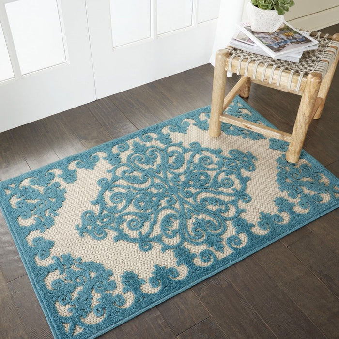 3' X 4' Indoor / Outdoor Area Rug - Aqua Damask