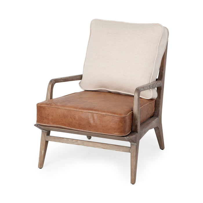 Leather Seat Accent Chair With Off White Fabric - Brown