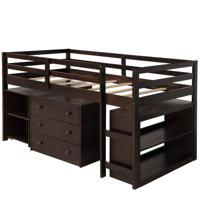 Low Twin Loft Bed With Cabinet and Desk - Brown