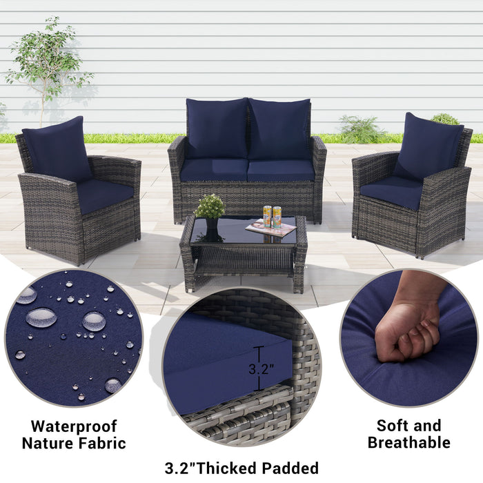 4 Pieces Outdoor Patio Furniture Sets Garden Rattan Chair Wicker Set, Poolside Lawn Chairs With Tempered Glass Coffee Table Porch Furniture, Gray Rattan / Dark Blue Color Cushion