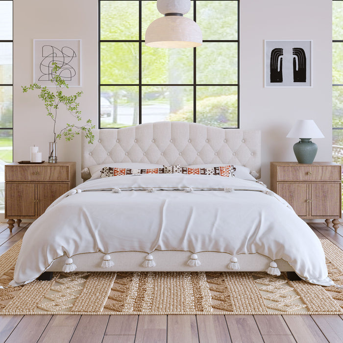 King Upholstered Platform Bed With Curved Adjustable Headboard And Diamond Tufted Details, No Box Spring Needed - Beige Hearth and Haven