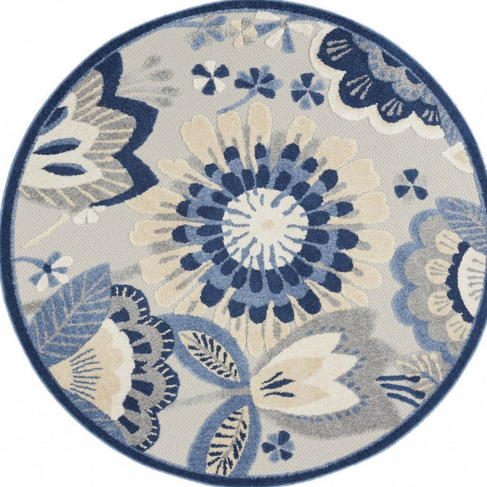 4' Round Round Floral Outdoor / Indoor Area Rug - Blue / Gray