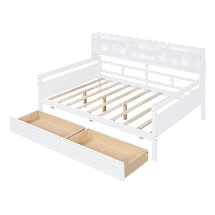 Daybed, Wood Slat Support, With Bedside Shelves And Two Drawers