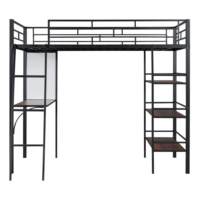 Loft Metal Bed With 3 Layers Of Shelves And Desk, Stylish Metal Frame Bed With board