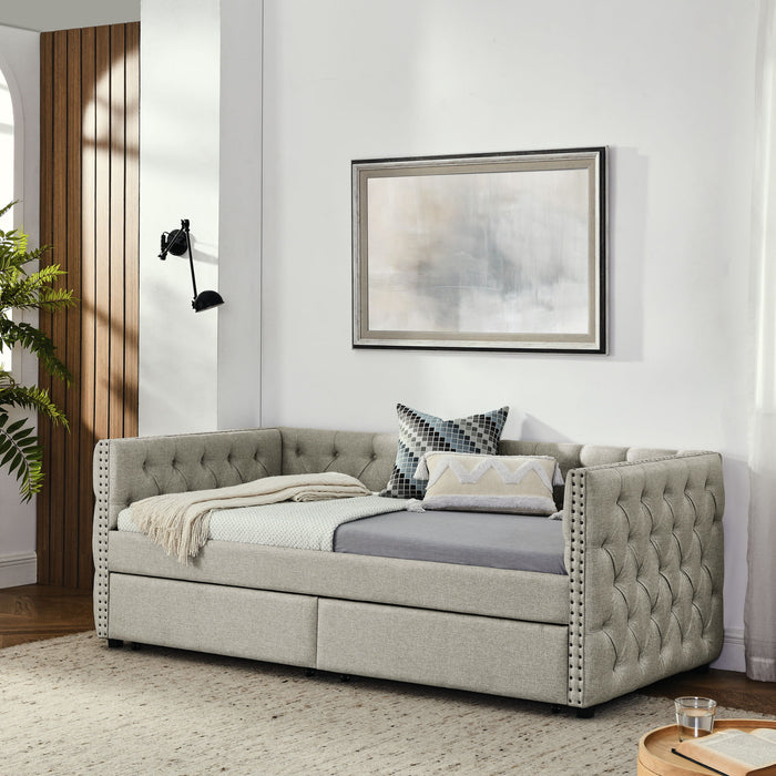 Upholstered Twin Size Daybed With Two Drawers, With Button And Copper Nail On Square Arms, Beige