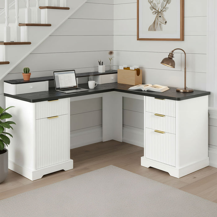 Fluted L-Shaped Desk With Charging Station & Storage Cabinet Home Essentials