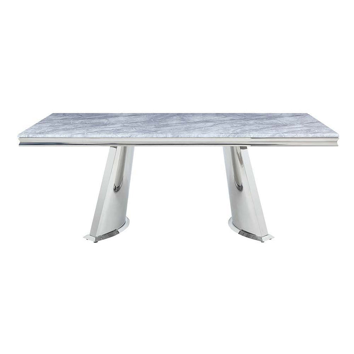 Destry - Dining Table With Engineering Stone Top & Pedestal Base - Engineering Stone Top & Mirrored Silver ACME
