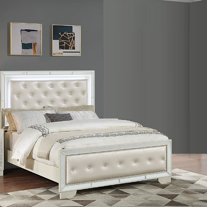 Eastern King Size Bed With LED Lights And Mirror Trim - Cream / Ivory Home Essentials