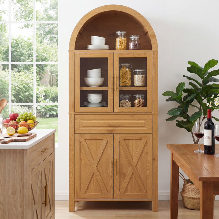 Arched Kitchen Pantry Cabinet With Adjustable Shelves And Barn Door Design Home Essentials