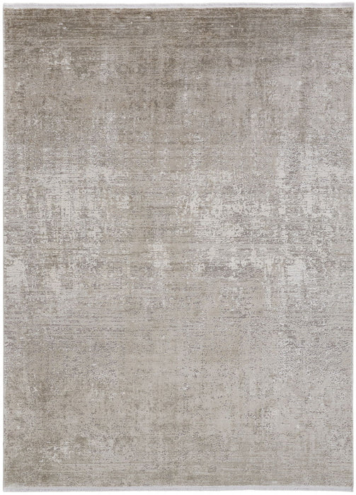 Abstract Power Loom Distressed Area Rug With Fringe - Tan Ivory And Gray - 3' X 5'