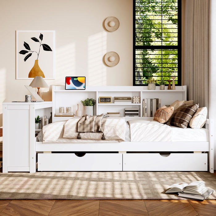 Corner Daybed With Storage Drawers, Desk, Charging Port & Bookcase Home Essentials