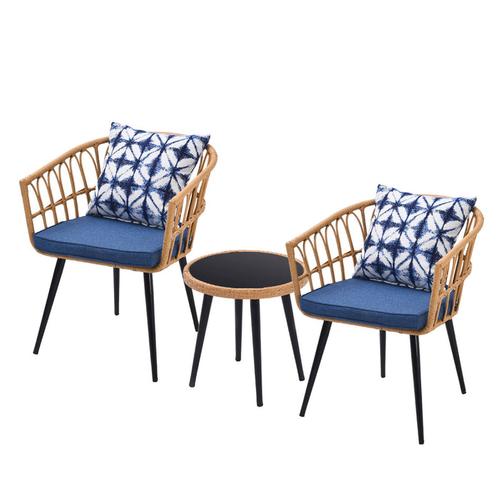 3 Piece Patio Bistro Set With Side Table, Outdoor PE Rattan Conversation Chair Set, Furniture Of Coffee Table With Glass Top, Cushions & Lumbar Pillows For Garden, Backyard, Balcony Or Poolside (Beige) - Blue