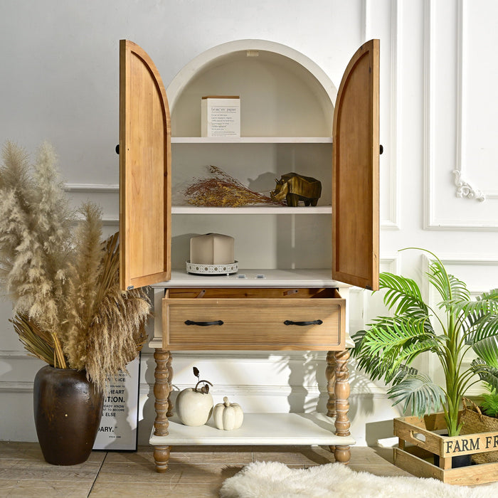 Arched Flower Carved Door Accent Sideboard Cabinet With 1 Drawer And Shelf, Cabinet For Kitchen - Natural / White Home Essentials