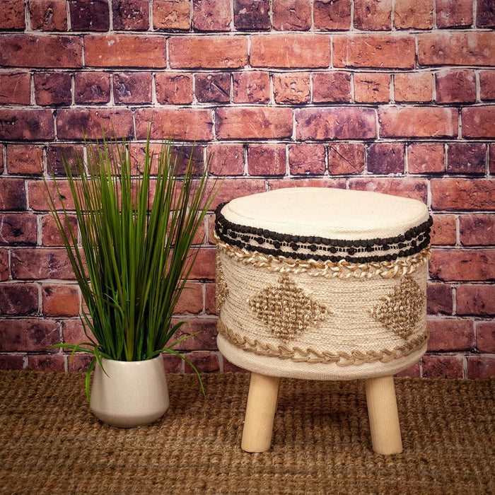 Jute Round Abstract Ottoman - Beige / Brown