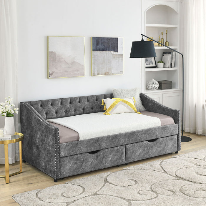 Upholstered Tufted Daybed With 2 Drawers, Waved Arms Home Essentials