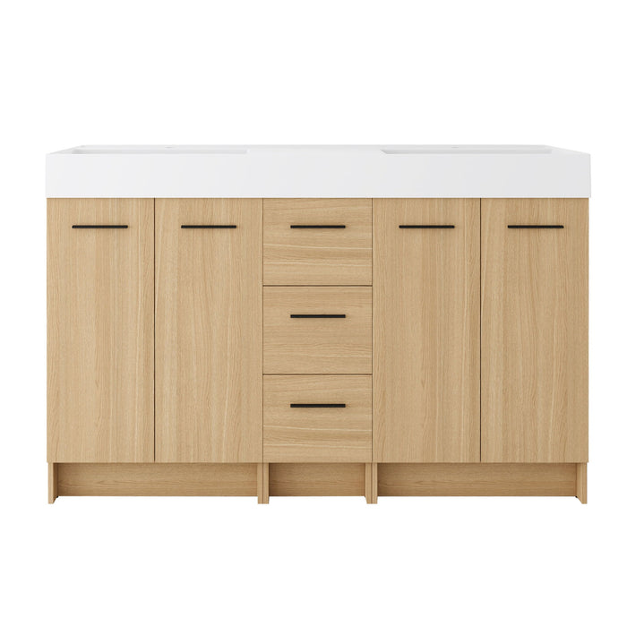 Double Sink Bathroom Vanity With 3 Drawers, Large Storage, Integrated Sink, Freestanding Cabinet, Soft Close Hardware - Glossy White / Light Oak Home Essentials