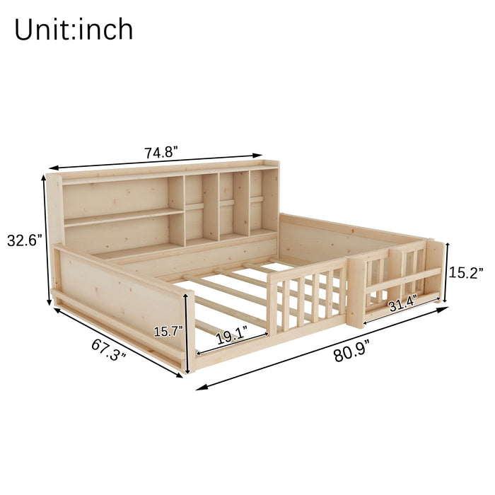 Platform Bed Frame With Guardrail, Storage Shelves & Bookshelf Home Essentials