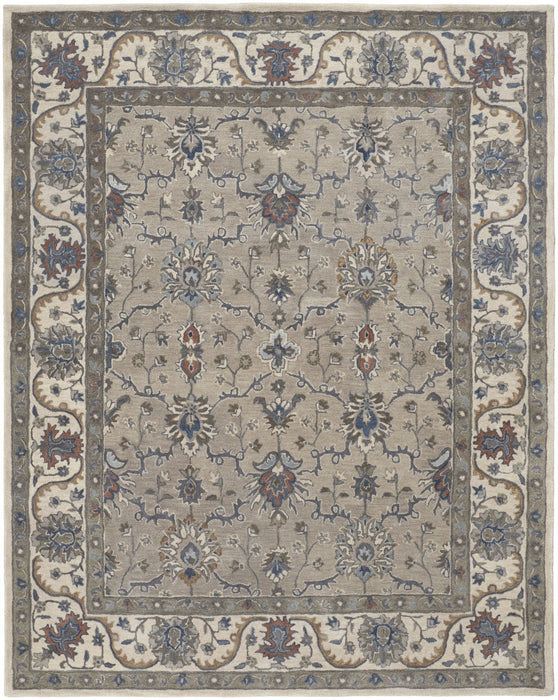 Floral Tufted Handmade Stain Resistant Area Rug - Taupe Ivory And Blue Wool - 5' X 8'