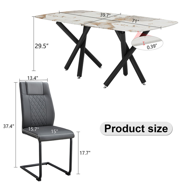 1 Table, 8 Chairs Set, A Rectangular Dining Table With A 0.39" Imitation Marble Tabletop And Black Metal Legs, Paired With 8 Chairs With PU Leather Seat Cushion And Black Metal Legs - Glass / Metal