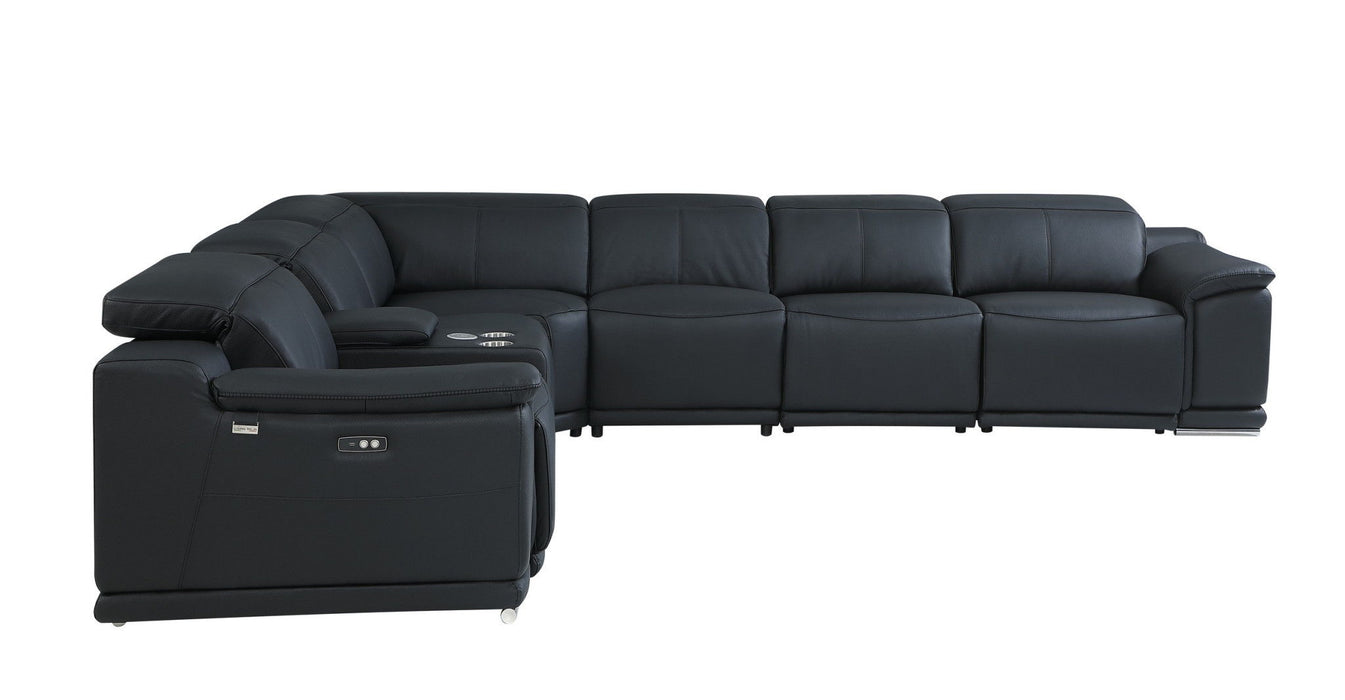 Italian Leather Power Reclining U Shaped Seven Piece Corner Sectional With Console - Black