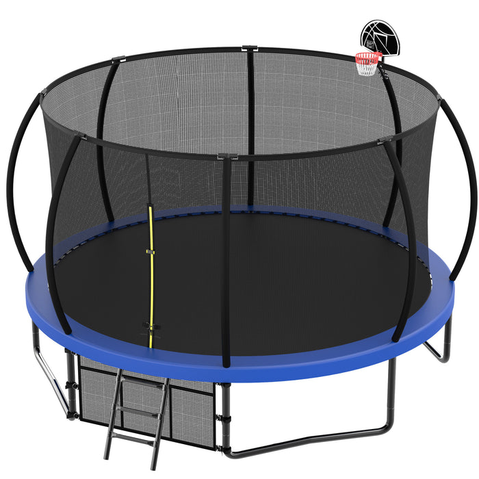 14 Feet Recreational Kids Trampoline With Safety Enclosure Net & Ladder, Outdoor Recreational Trampolines