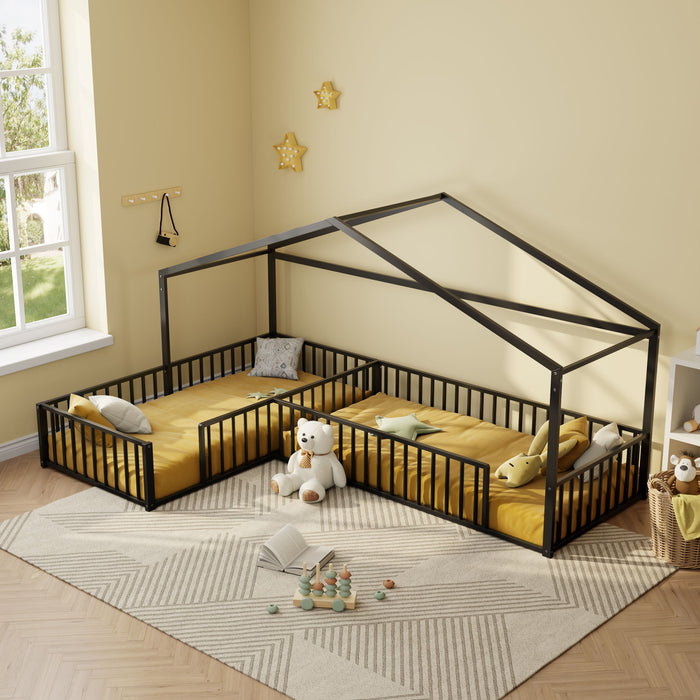 L-Shaped Montessori Bed For 2 Kids With Partitioned Fence Hearth and Haven
