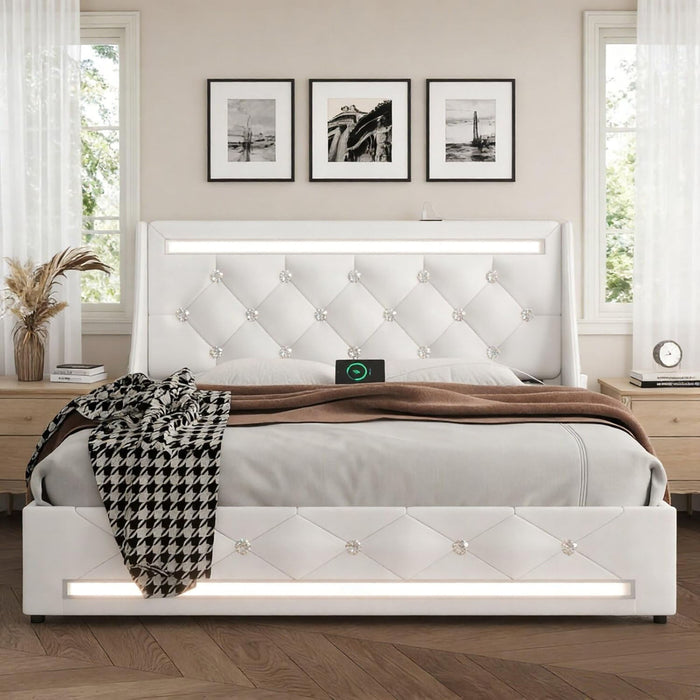 Wingback Upholstered Bed Frame With LED Lights, Charging Station Home Essentials