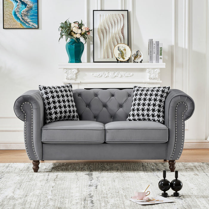 Chesterfield Velvet Upholstery Fabric Loveseat With Roll Armrest And Nailhead