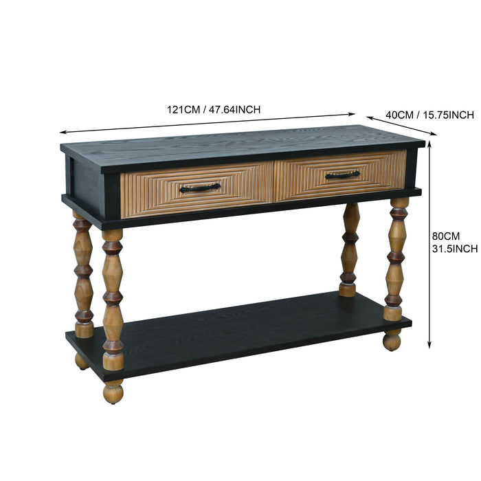 Accent Carved Console Table With Open Shelf And 2 Drawers Living Room - Black / Natural Wood Wash Home Essentials