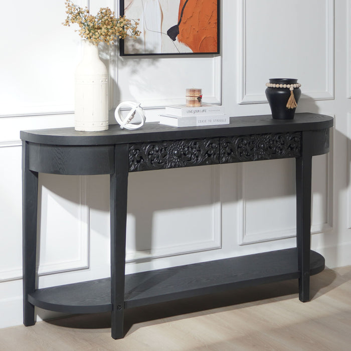 Carved Console Table With Storage Shelf For Living Room - Black Home Essentials