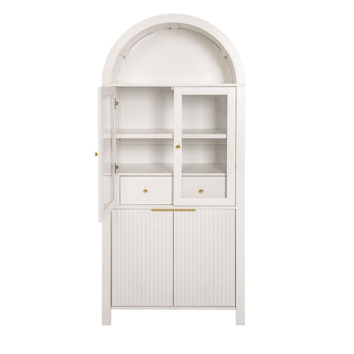 Fluted Tall Arched Pantry Cabinet With Adjustable Shelves, Glass Door & Hidden Drawer For Kitchen Home Essentials