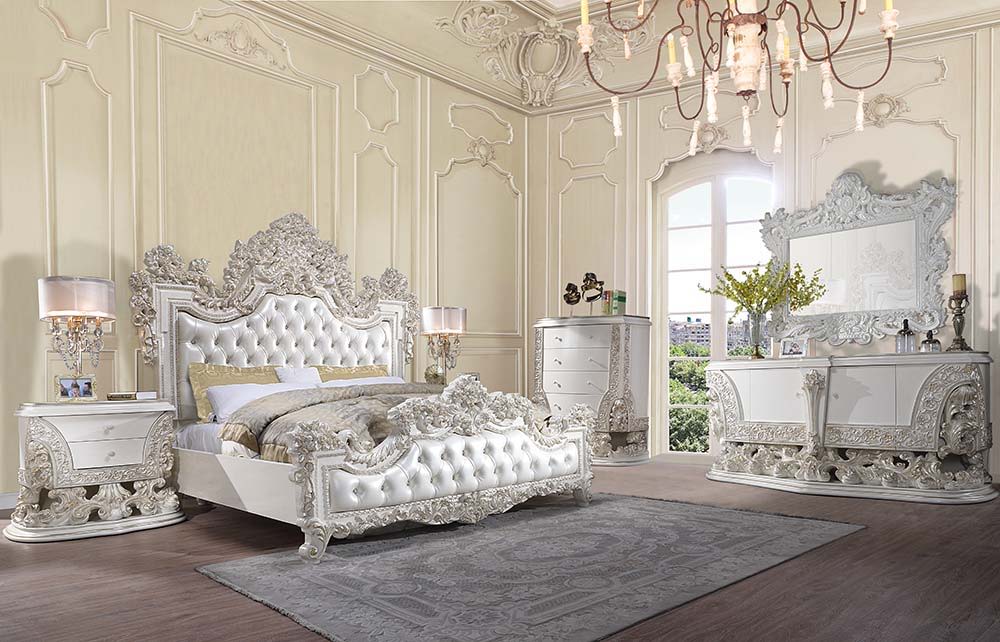 Adara - Eastern King Bed - Pearl White Synthetic Leather & Antique White ACME