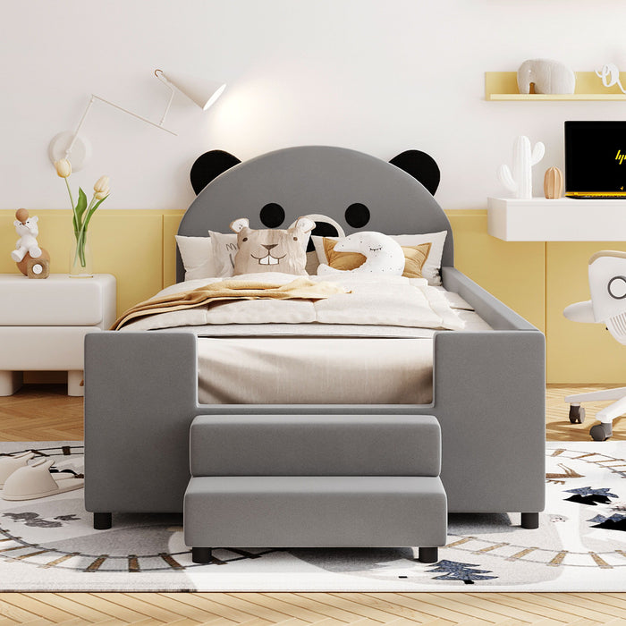 Upholstered Daybed With Bear Shaped Headboard, Hydraulic System And Breathable Fence
