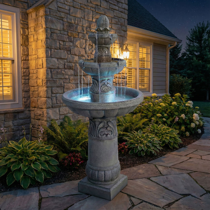 3 Tier Outdoor Garden Fountain With LED Lights - Gray Patioseek