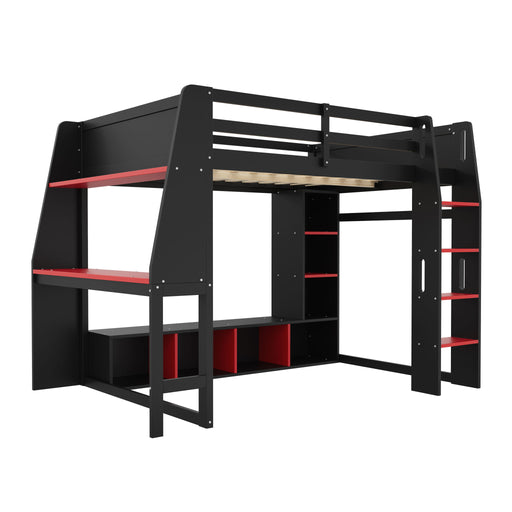 Gaming Loft Bed With Desk, Multi Storage Shelves, LED Lighting, And Hanging Clothes Rack Hearth and Haven