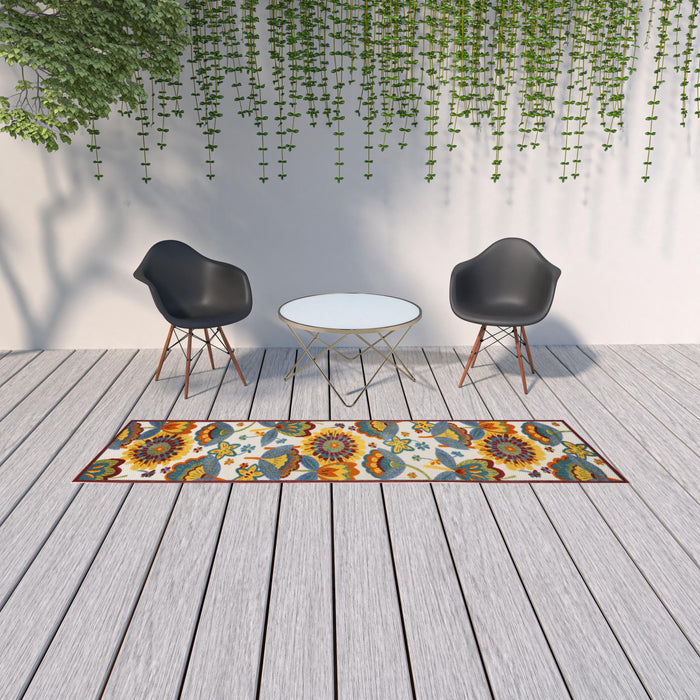 2' X 10' Floral Non Skid Indoor / Outdoor Runner Rug - White Yellow / Blue