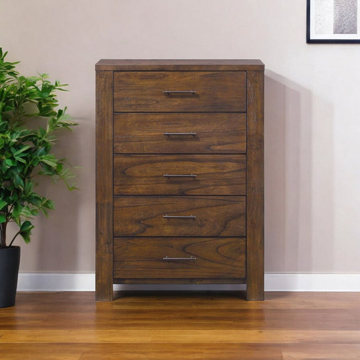 5 Drawer Chest Dresser With Brass Metal Hardware - Oak