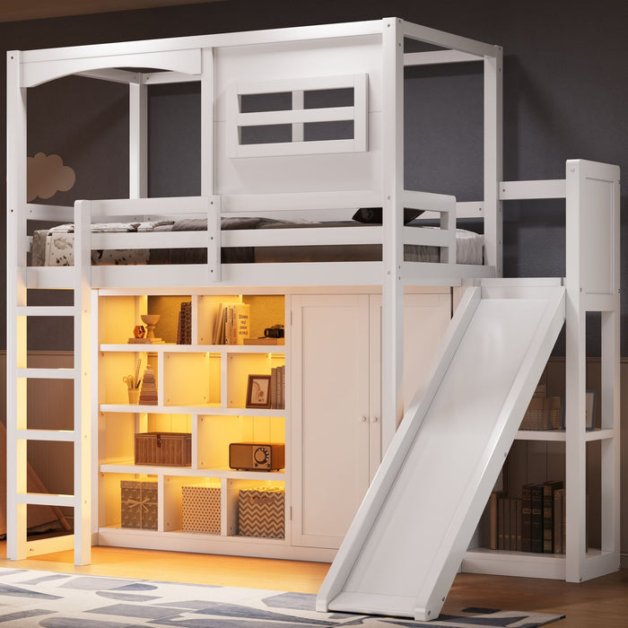 Twin Size Loft Bed With Wardrobe, Storage Shelves, Slide And LED - White Hearth and Haven