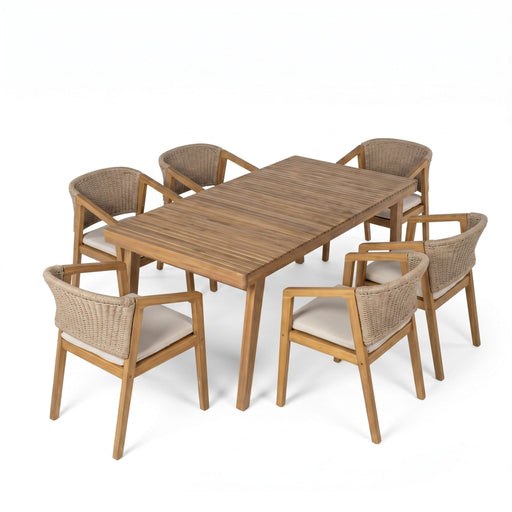 7 Piece Outdoor Dining Set With Rectangular Table And 6 Arm Chairs - Beige / Brown / Brown Mix / Light Teak Noble House