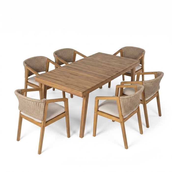 7 Piece Outdoor Dining Set With Rectangular Table And 6 Arm Chairs - Beige / Brown / Brown Mix / Light Teak Noble House