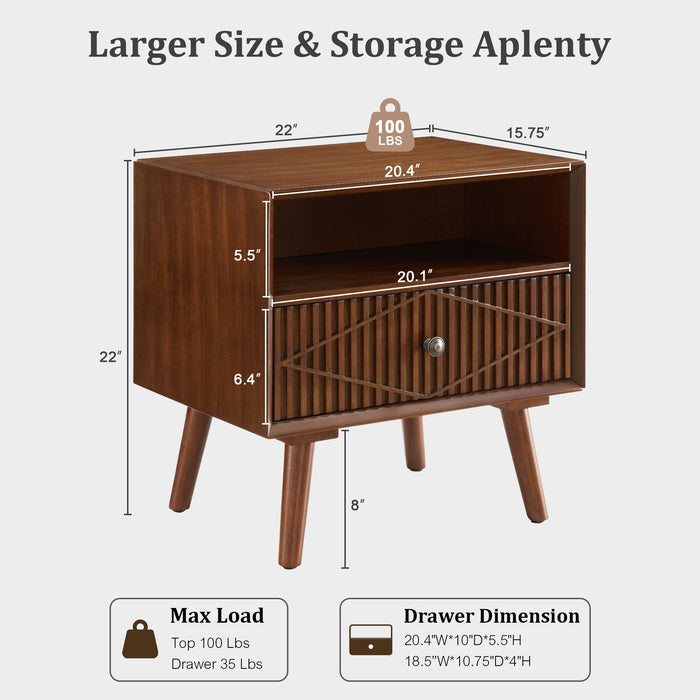 Nightstand With Carved Geometric Drawer Front, 1 Drawer And Open Shelf, Bedside Table For Bedroom - Walnut Home Essentials