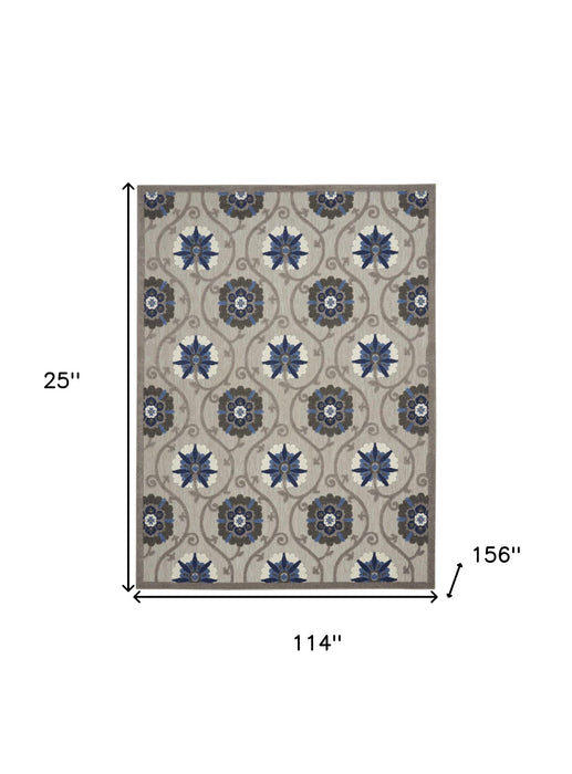 10' X 13' Floral Non Skid Indoor / Outdoor Area Rug - Gray / Blue