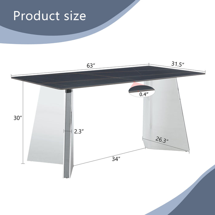 Modern Marble Patterned Dining Table With Stainless Steel Butterfly Legs, Scratch And Heat Resistant - Black / Silver