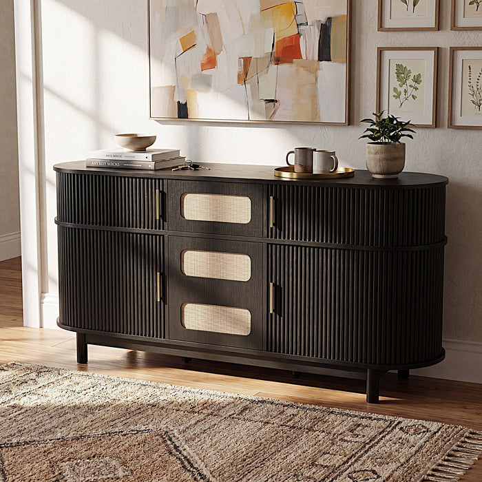 Fluted Sideboard Buffet Cabinet With Sliding Doors And Adjustable Shelves Noble House