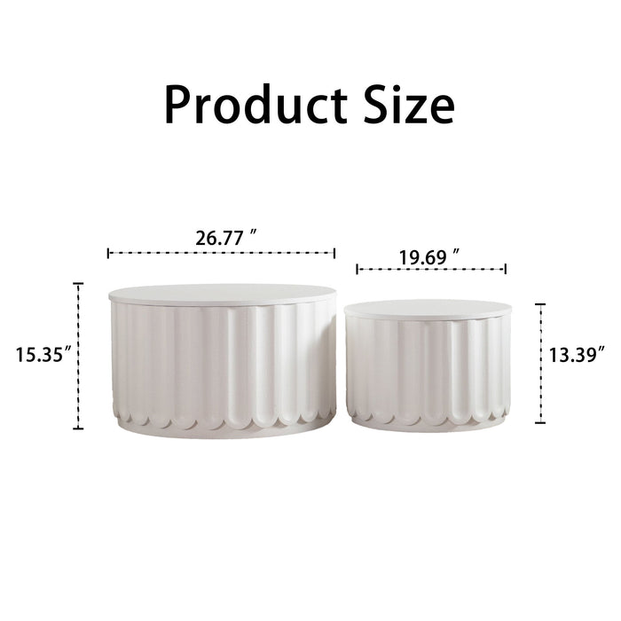 Round Storage Table Set With Lift Off Lid, Nesting Design, Elegant Curved Edge Shape For Living Room - Cream White Home Essentials