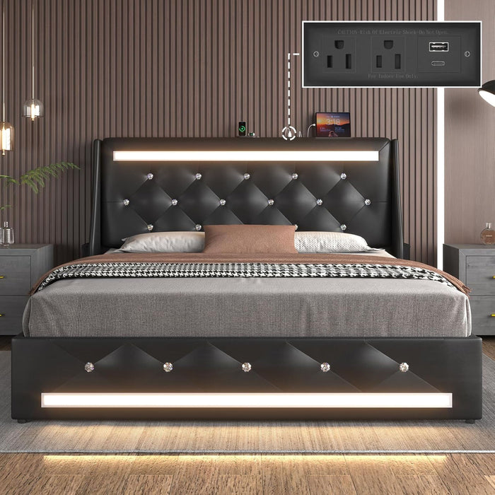 Wingback Upholstered Bed Frame With LED Lights, Charging Station Home Essentials