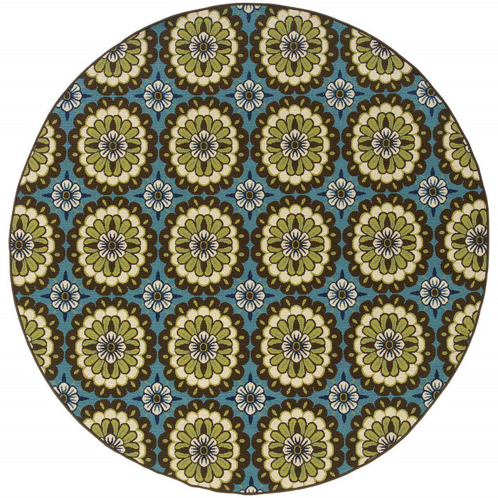 8' X 8' Round Floral Stain Resistant Indoor / Outdoor Area Rug - Blue / Green