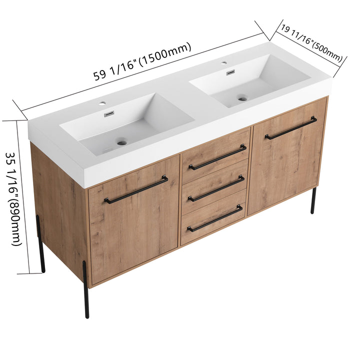 60" Freestanding Bathroom Vanity With Double Sink, Soft Close Doors, 3 Drawers - Imitative Oak Home Essentials
